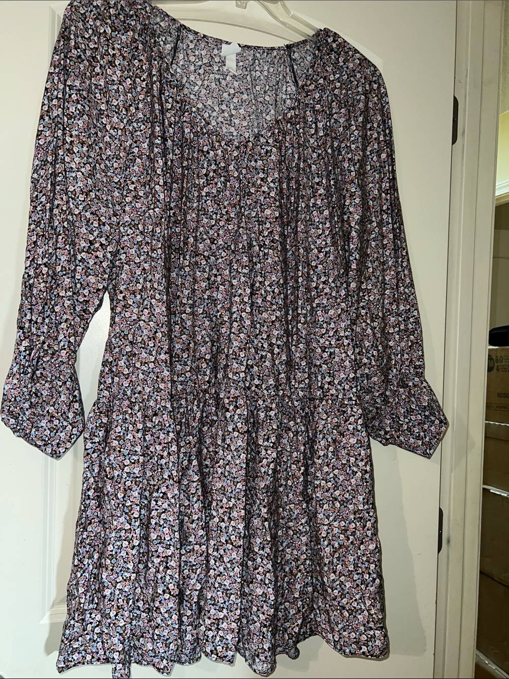 H&M Black Floral Smocked Waist Dress with Pink & Blue Accents